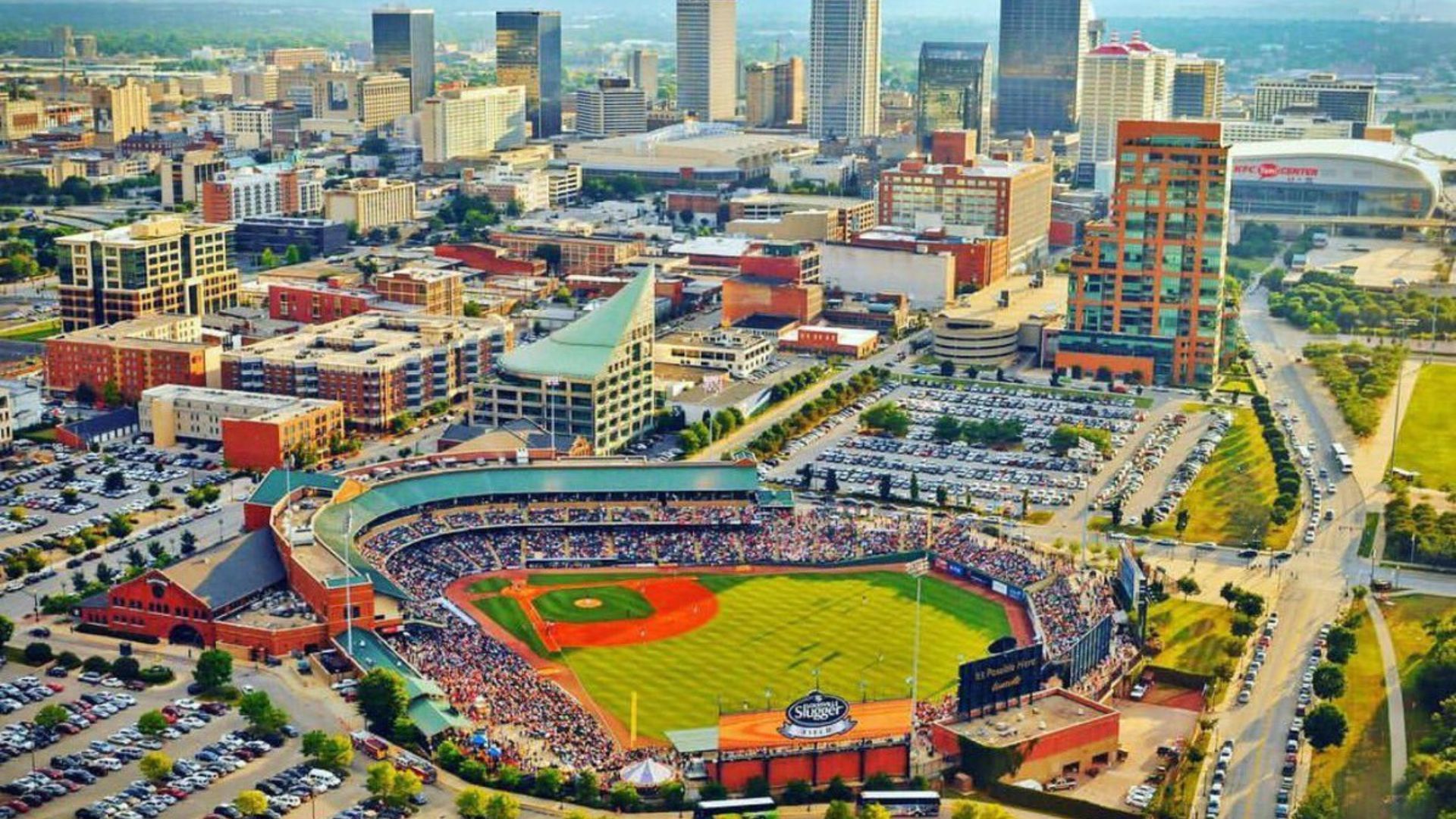 Aerial view of downtown Louisville Kentucky showing Louisville Slugger Field