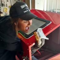 janelle goofing off with sand blaster