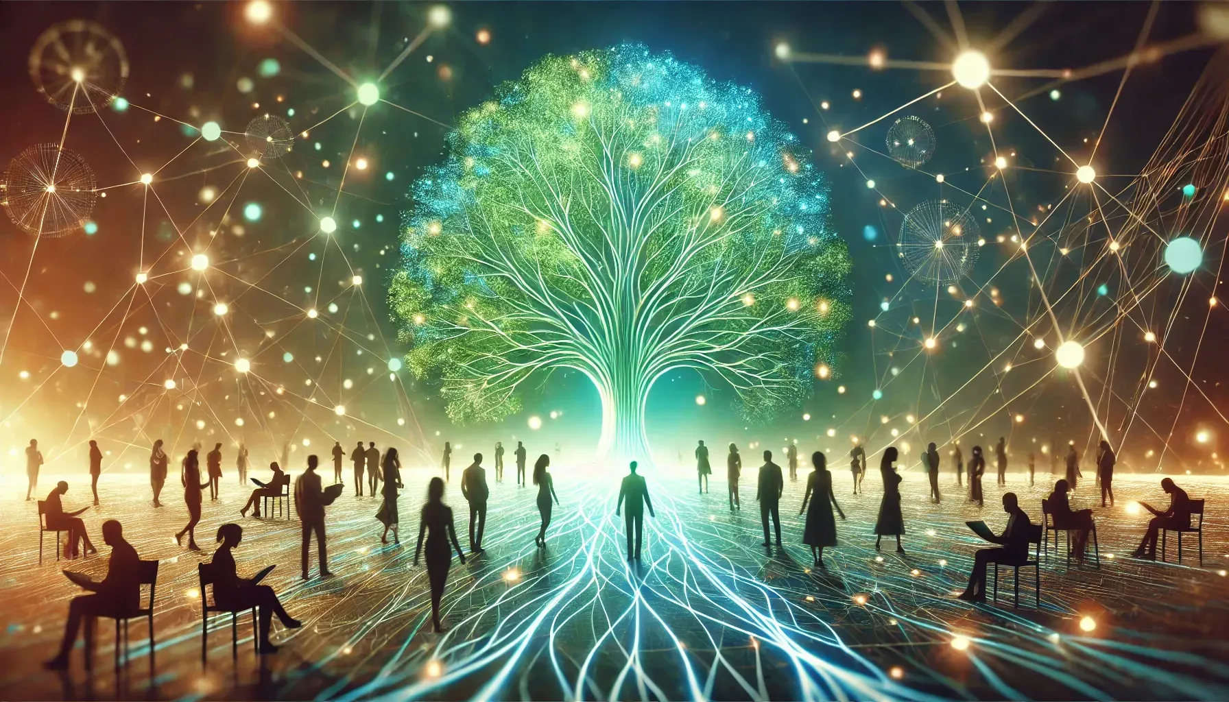 Rede orgânica de pessoas interconectadas em uma árvore viva, representando uma organização Teal.
