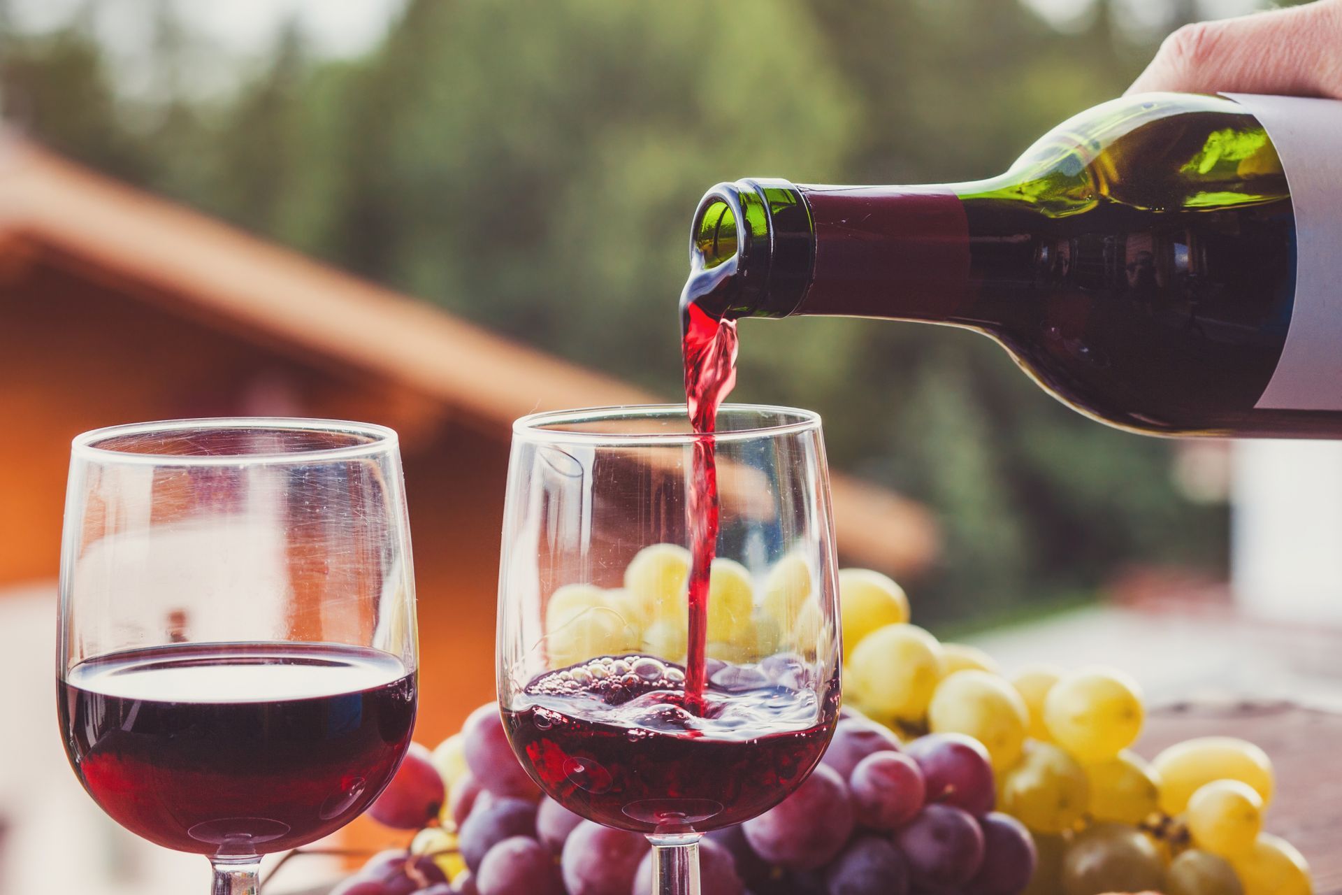 A person is pouring wine into two glasses next to a bunch of grapes.