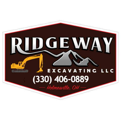 Logo for Ridgeway Excavating LLC: brown and white hexagon with text and a yellow excavator icon.