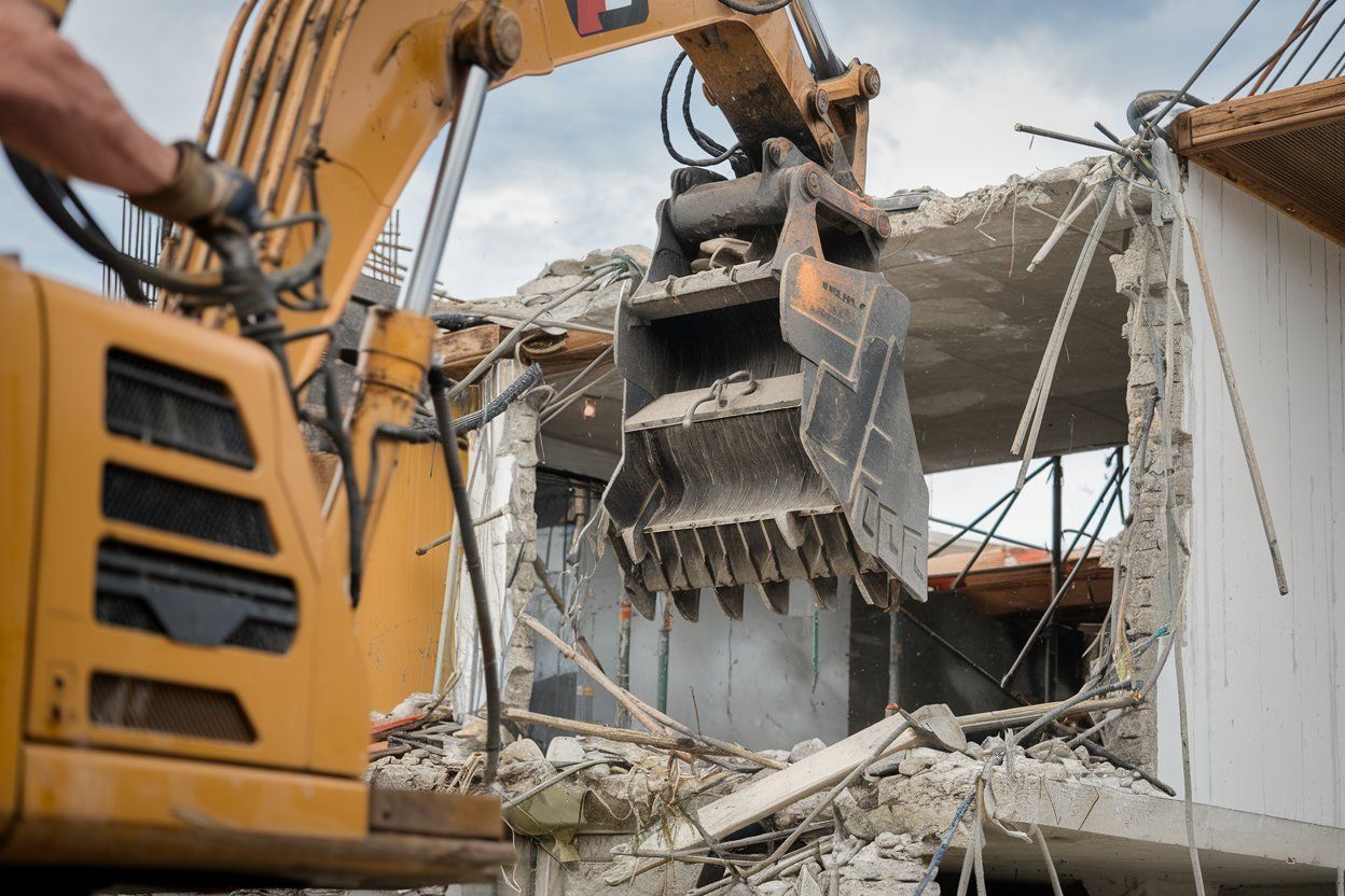 A bulldozer is demolishing a building with a large bucket.