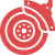 A red and white icon of a brake disc on a white background.