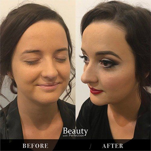 A before and after photo of a woman 's face with professional makeup.