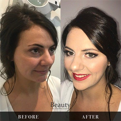 A before and after photo of a woman with makeup and red lipstick.