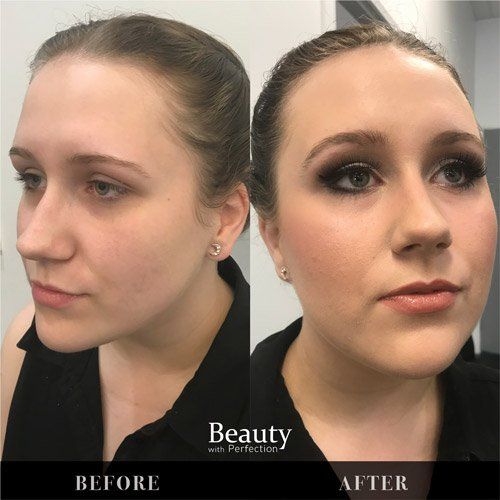 A before and after photo of a woman 's face with professional makeup.