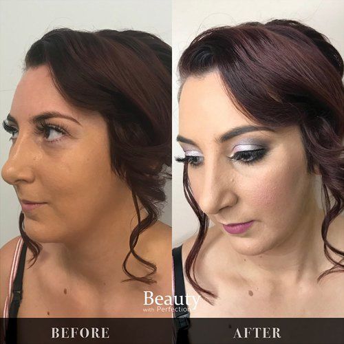 A before and after photo of a woman 's face with makeup.