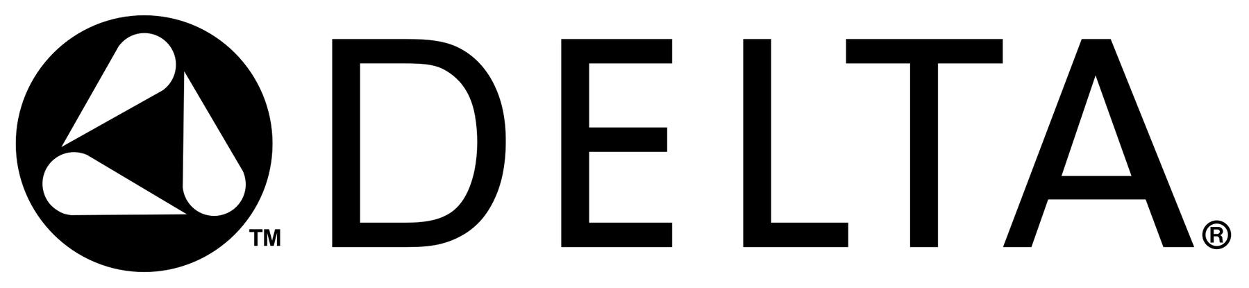 Delta logo, black text and a symbol of a triangle within a circle on a white background.
