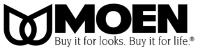 Moen logo with entwined tulip-like design, bold text 