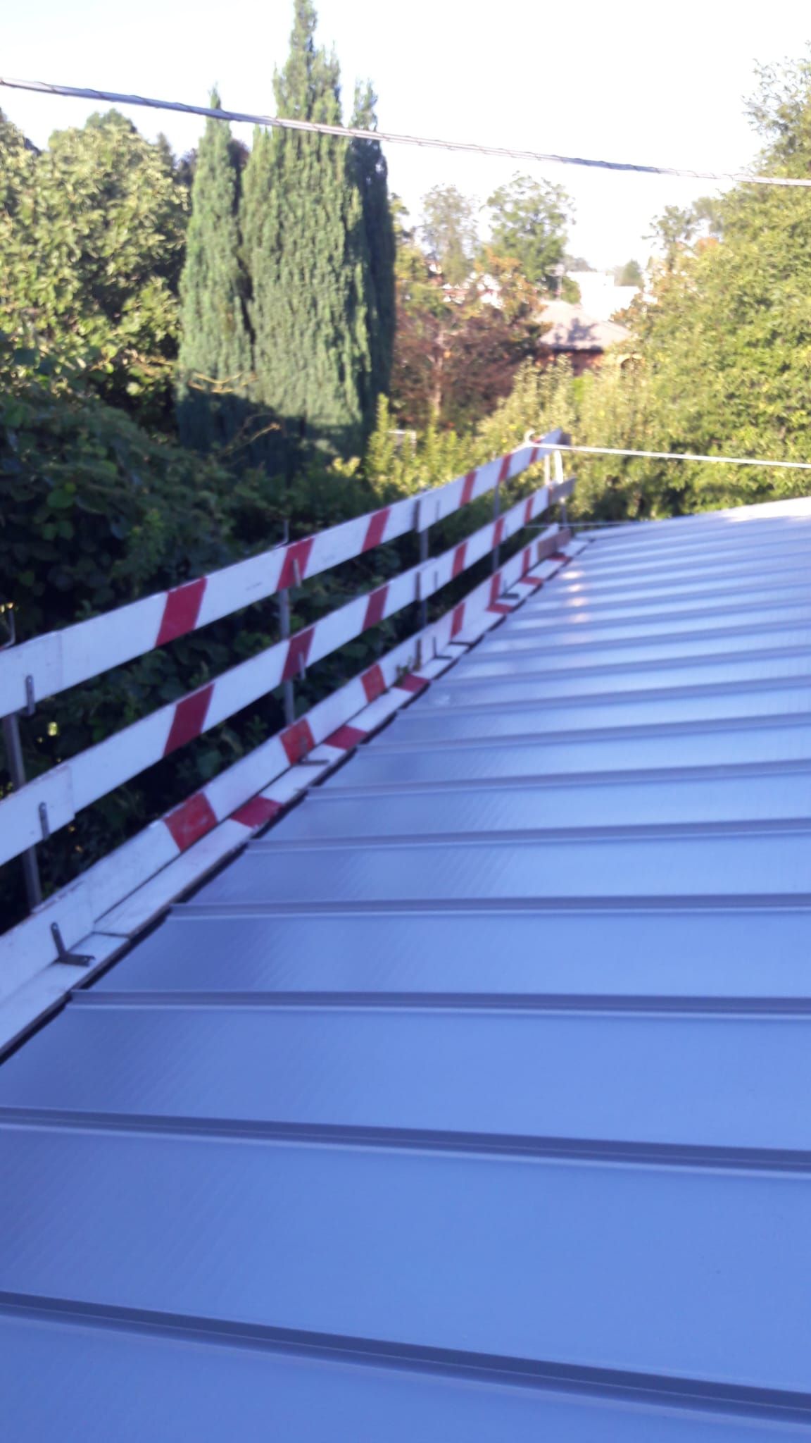 Un tetto con una ringhiera e alberi sullo sfondo.