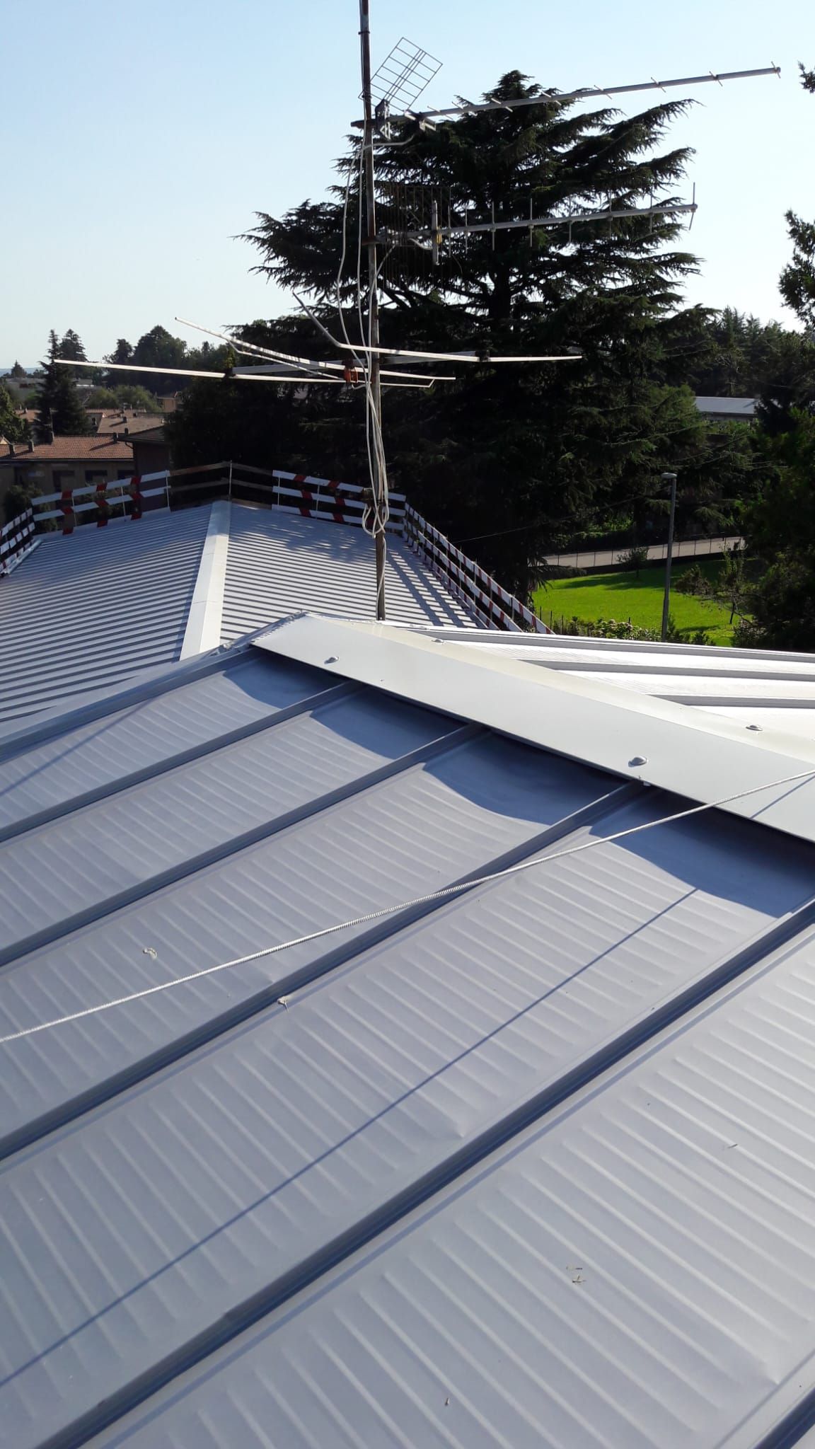 Un tetto grigio con un albero sullo sfondo