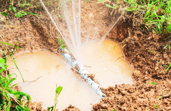 A hose is leaking water into a puddle in the dirt.