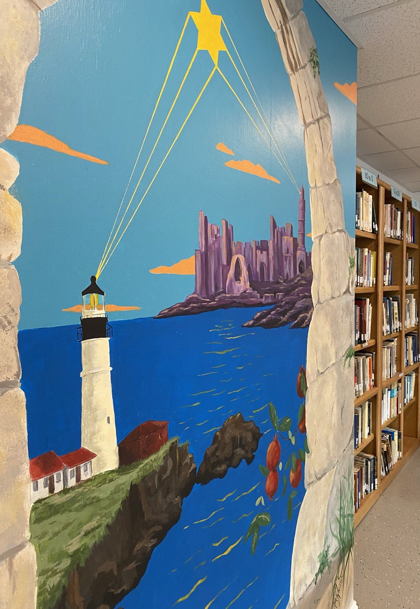 Photo of a lighthouse mural in the Temple Beth El library