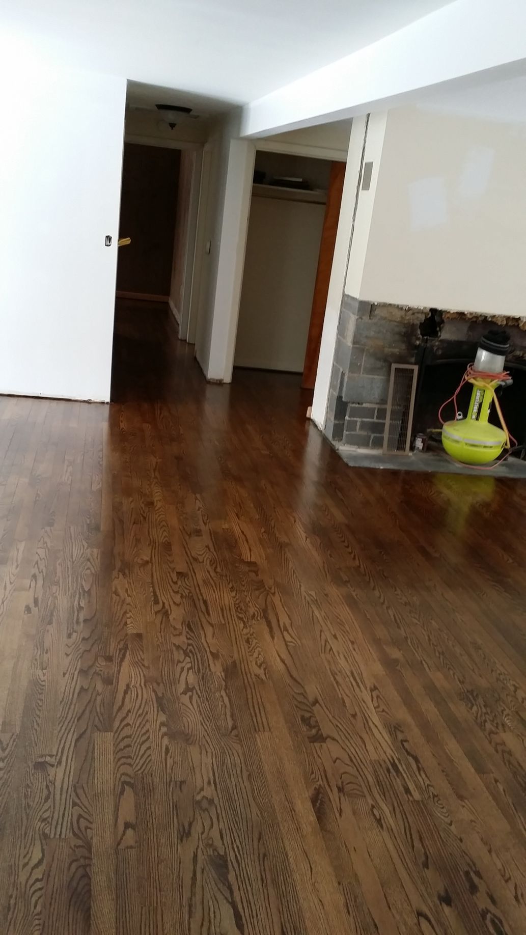 A living room with hardwood floors and a fireplace.