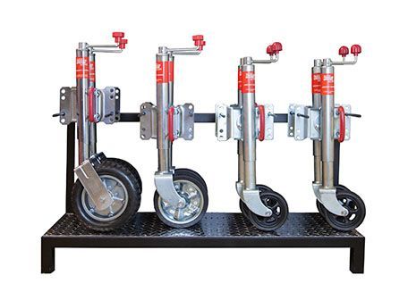 Four industrial caster wheels mounted on a black display rack — Eastcoast Bearings & Hydraulics in South Grafton, NSW