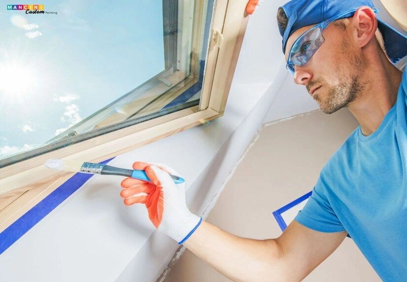 A painter in blue shirt and white gloves painting a window