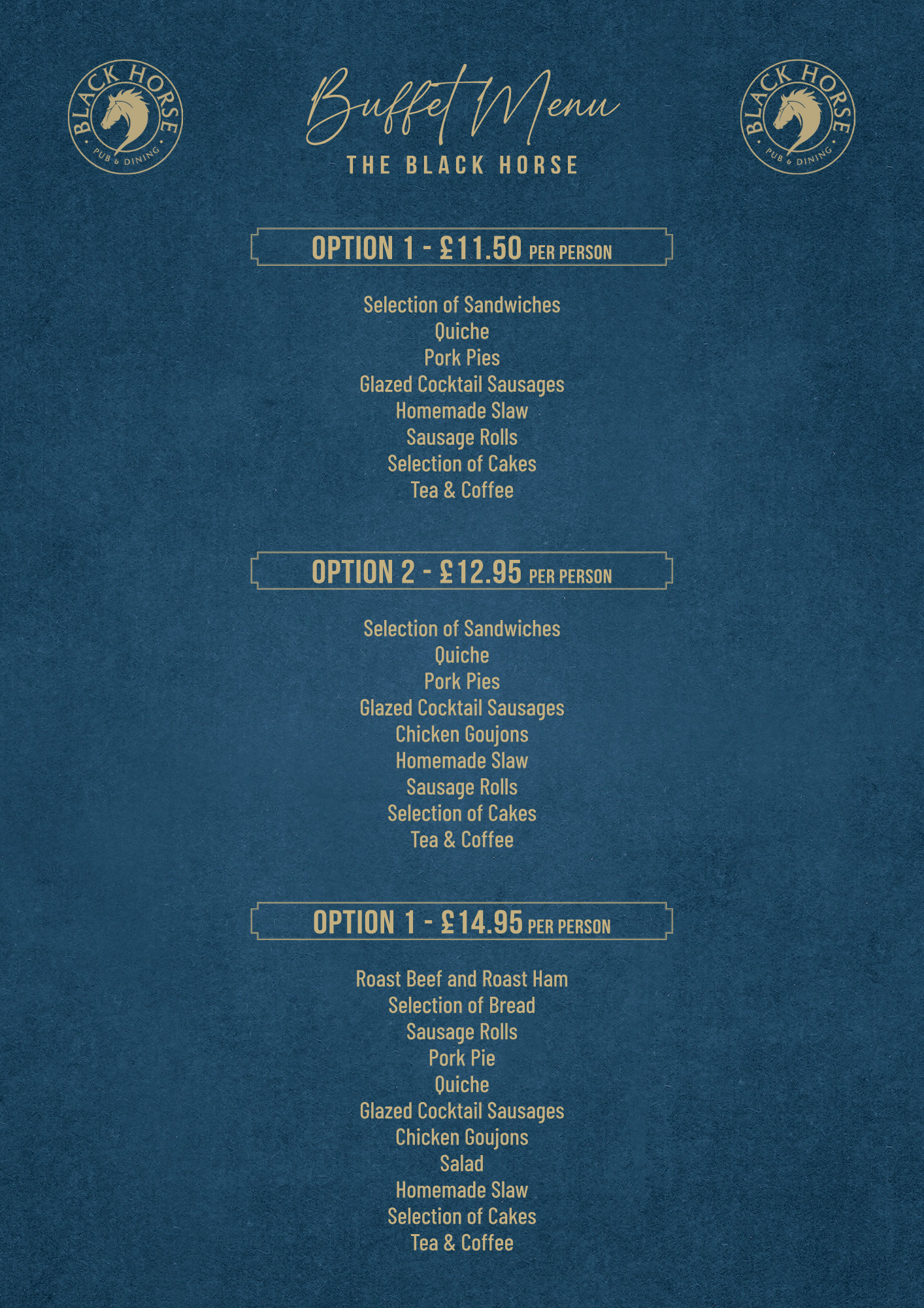 A blue menu for a restaurant called the black horse