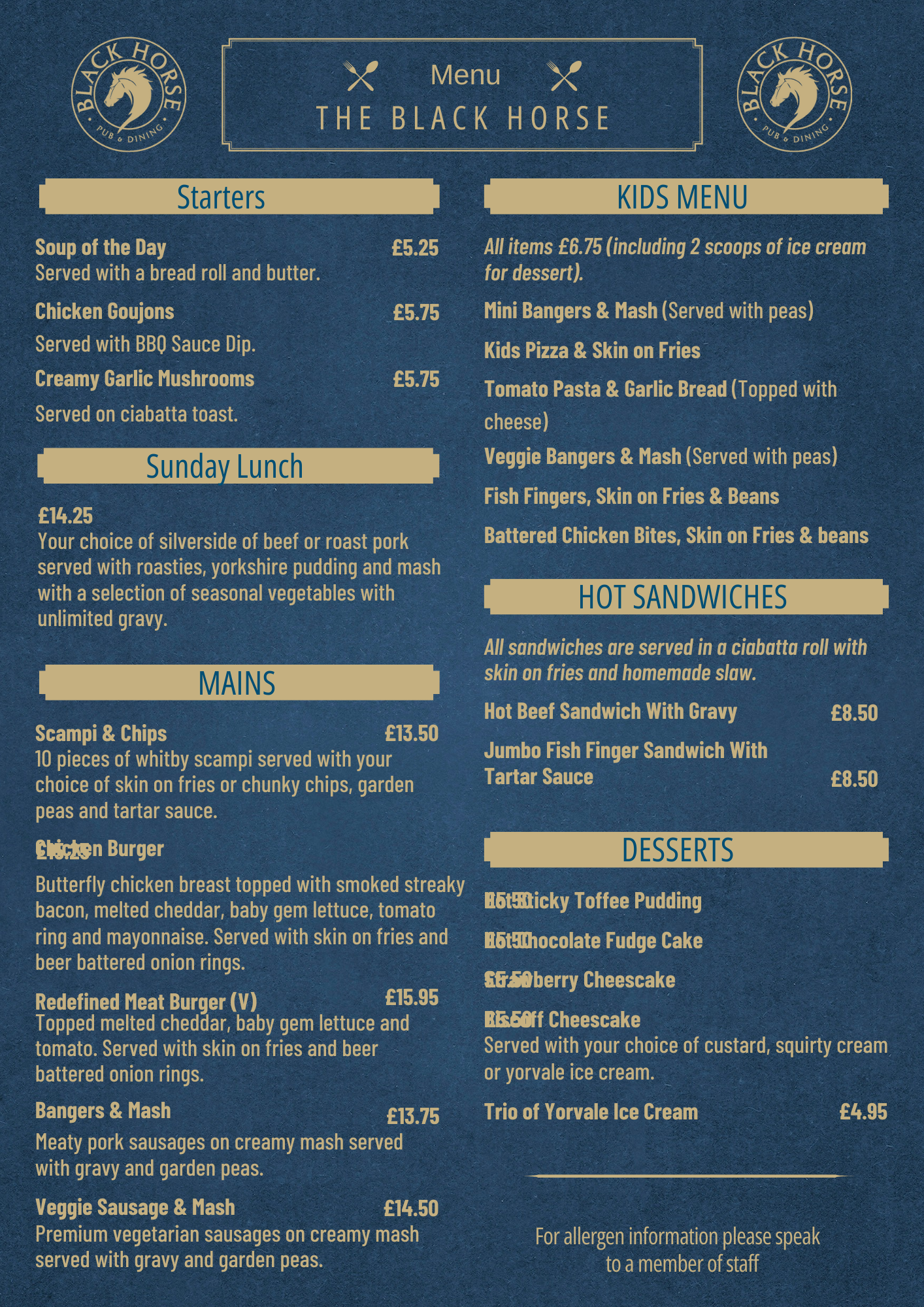 A menu for a restaurant called the black horse