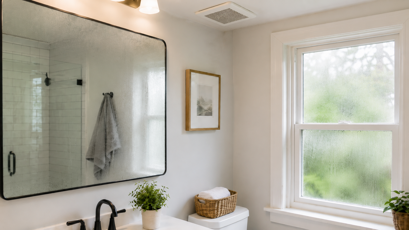 Foggy bathroom mirror and condensation from poor bathroom ventilation
