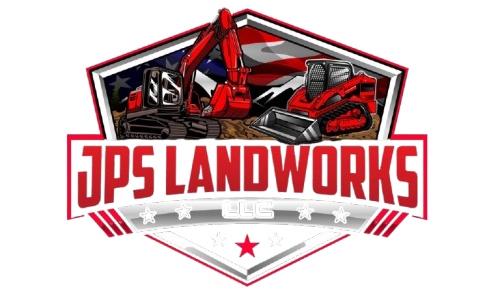 Logo of "JPS Landworks LLC" with construction vehicles and American flag colors.