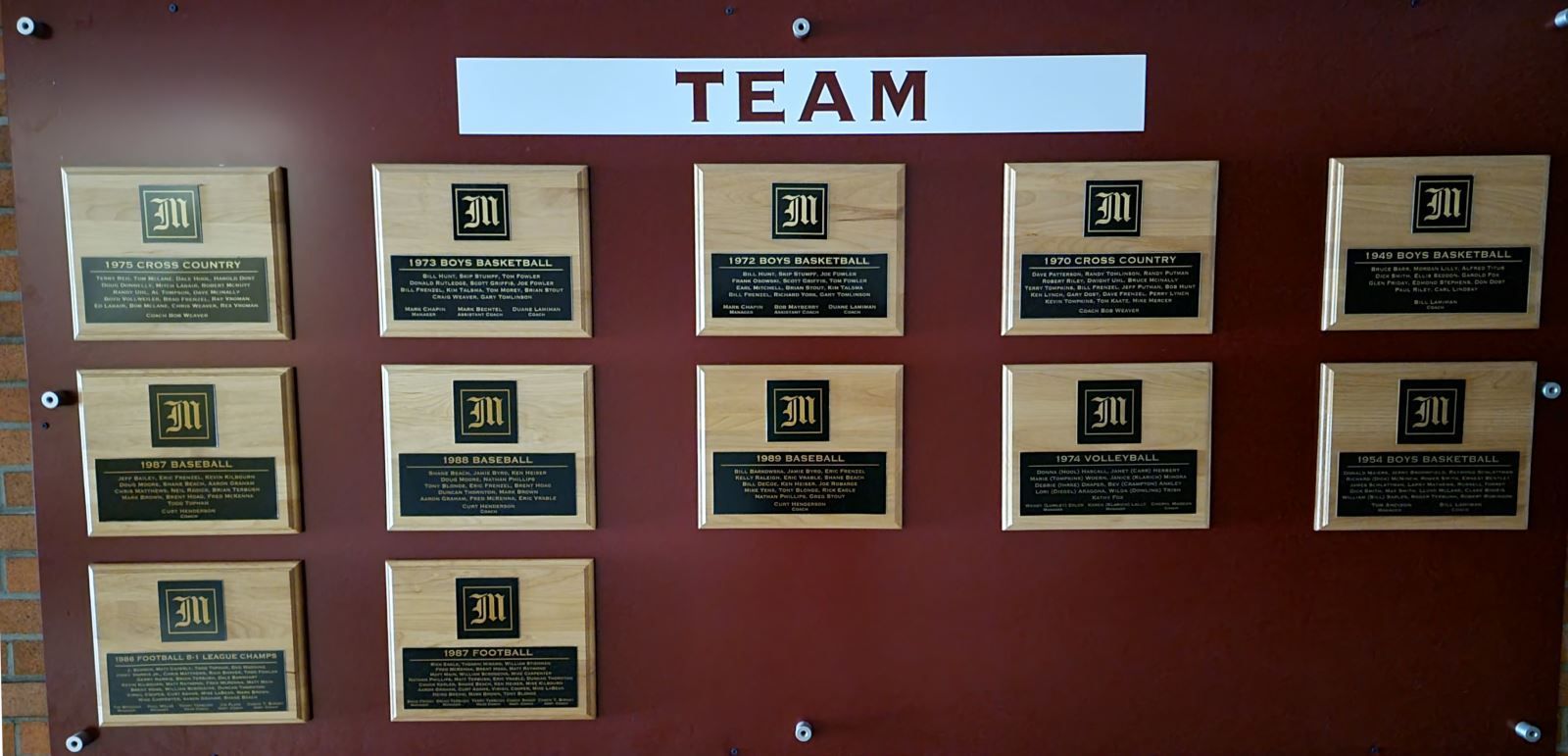 A wall with plaques and the word team on it