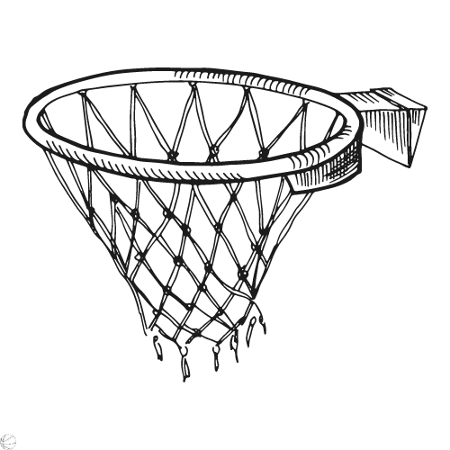 A black and white drawing of a basketball hoop on a white background.