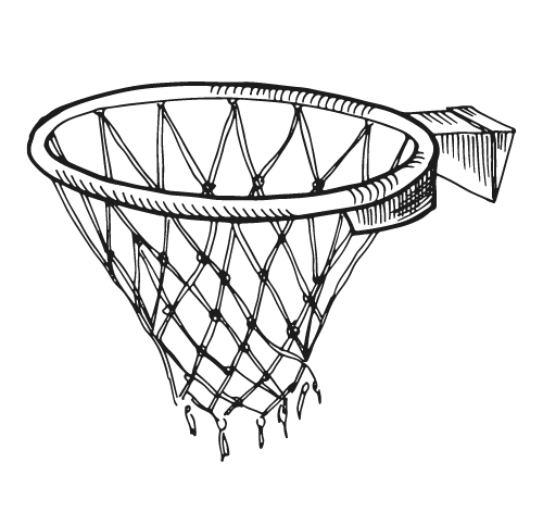 A black and white drawing of a basketball hoop