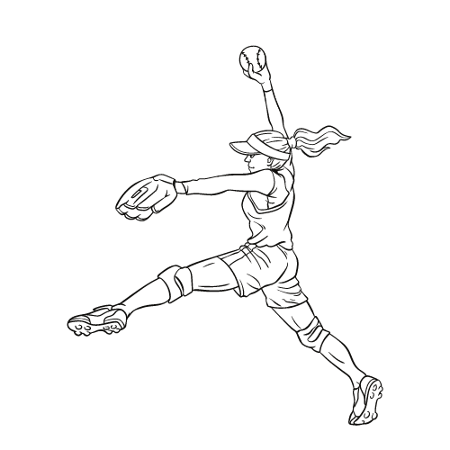 A black and white drawing of a softball pitcher.