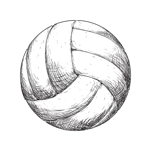 A black and white drawing of a volleyball on a white background.