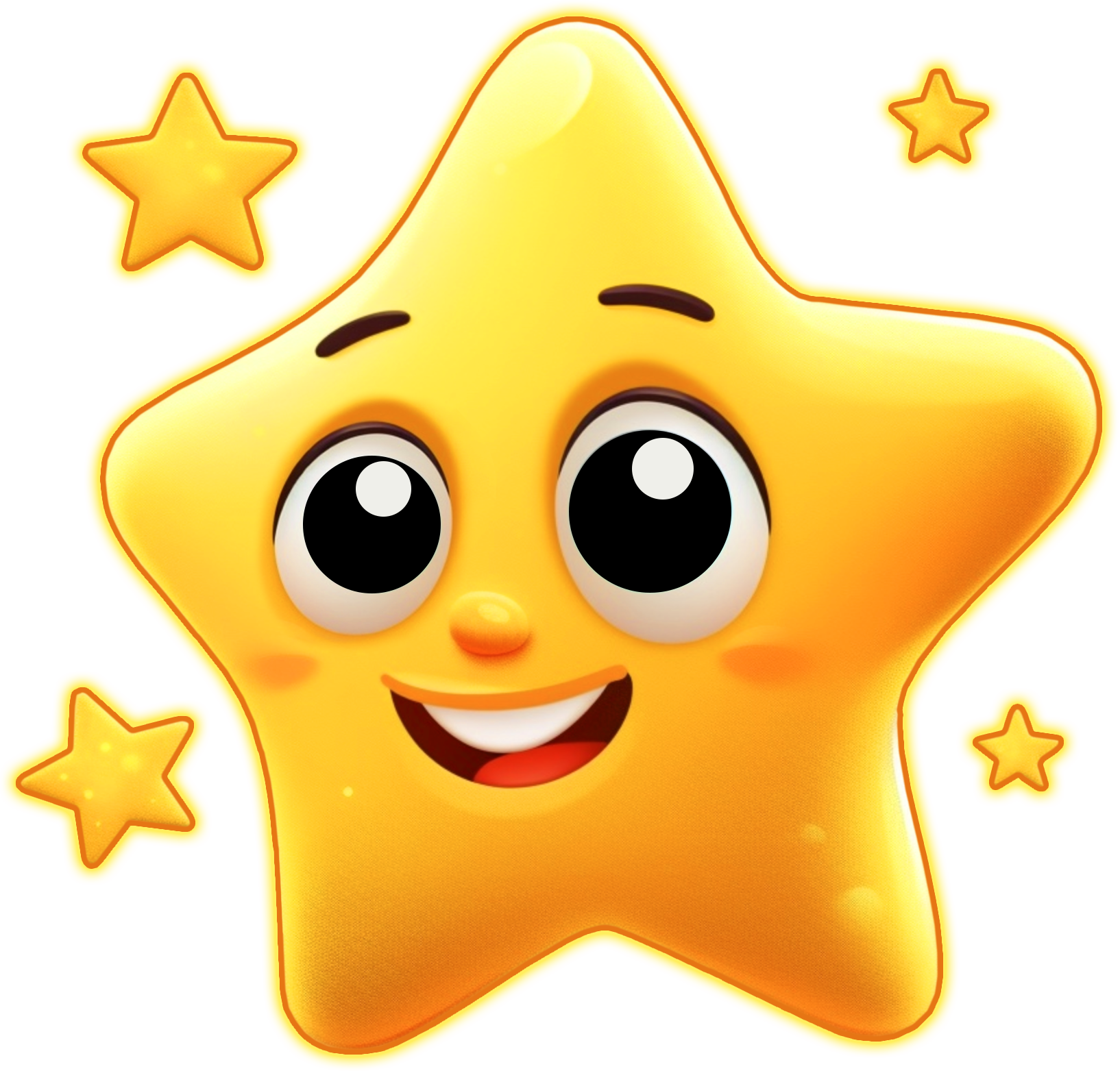 A yellow star with a smiling face is surrounded by yellow stars