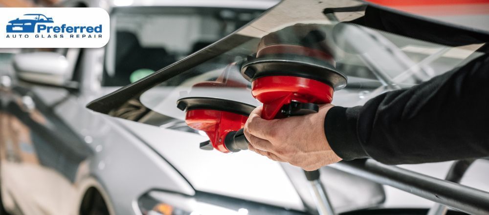 A man is installing a windshield on a car.