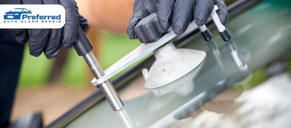 A person is working on a windshield with preferred auto glass repair in the background