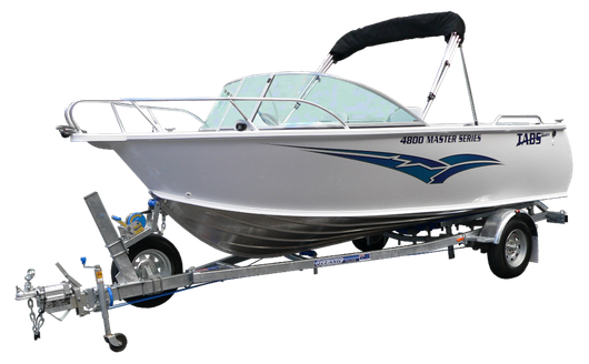 Silver aluminum boat on a trailer, blue graphic on side, black bimini top.