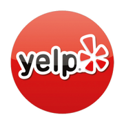 Yelp logo, red circle with white text and a starburst flower, promoting local business reviews.