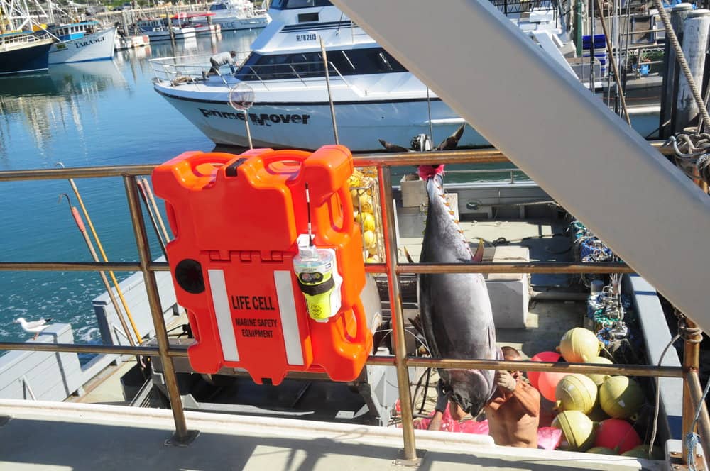 A life preserver is attached to a railing on a boat LIFECELL products