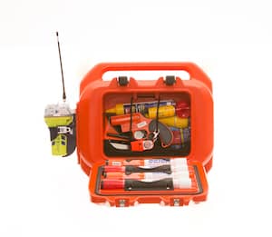 A red case filled with a lot of tools and a radio. LIFECELL products