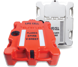 A life cell flares epirb v-sheet sits on a white surface LIFECELL products