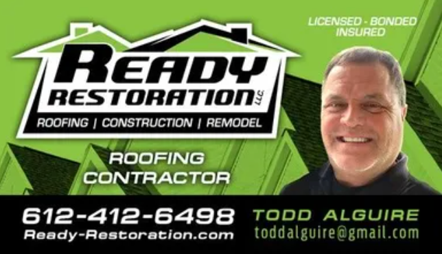 Business card for Ready Restoration LLC, with logo, contractor information, and a photo of Todd Alguire.