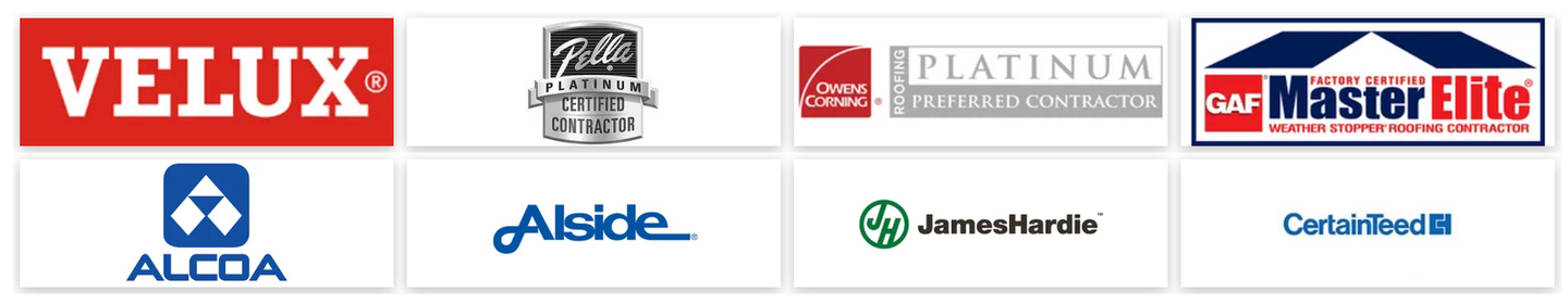 Logos of VELUX, Alcoa, James Hardie, and Master Elite, along with energy-efficiency certifications.