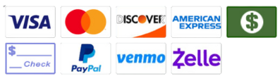Logos of payment methods: Visa, Mastercard, Discover, American Express, cash, check, PayPal, Venmo, Zelle.