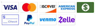 Logos of payment methods: Visa, Mastercard, Discover, American Express, cash, check, PayPal, Venmo, Zelle.
