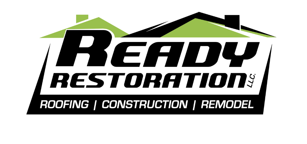 Logo for Ready Restoration LLC, roofing, construction, remodel. Black, white, and green with house silhouettes.