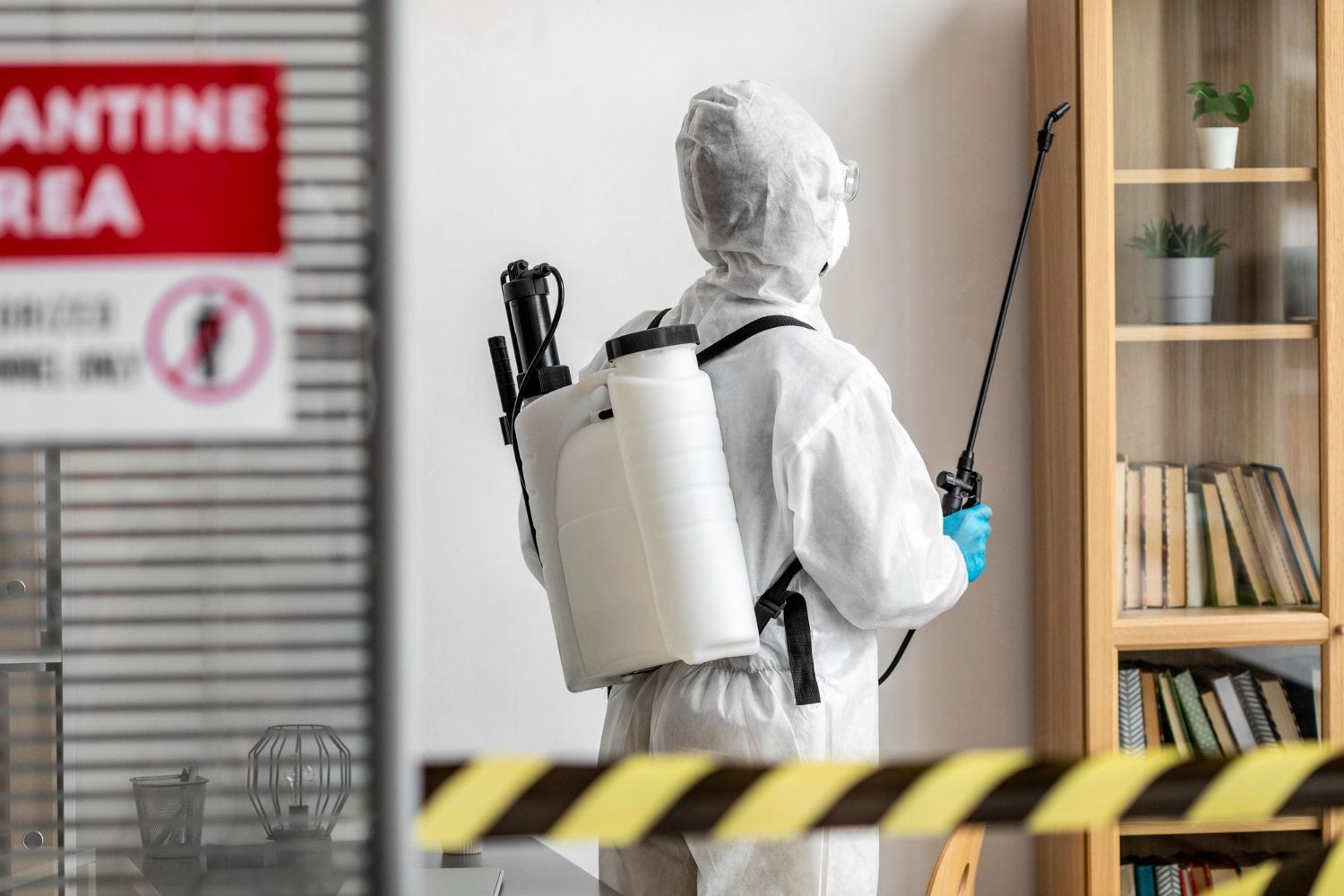 A man in a protective suit is spraying a room with a sprayer.