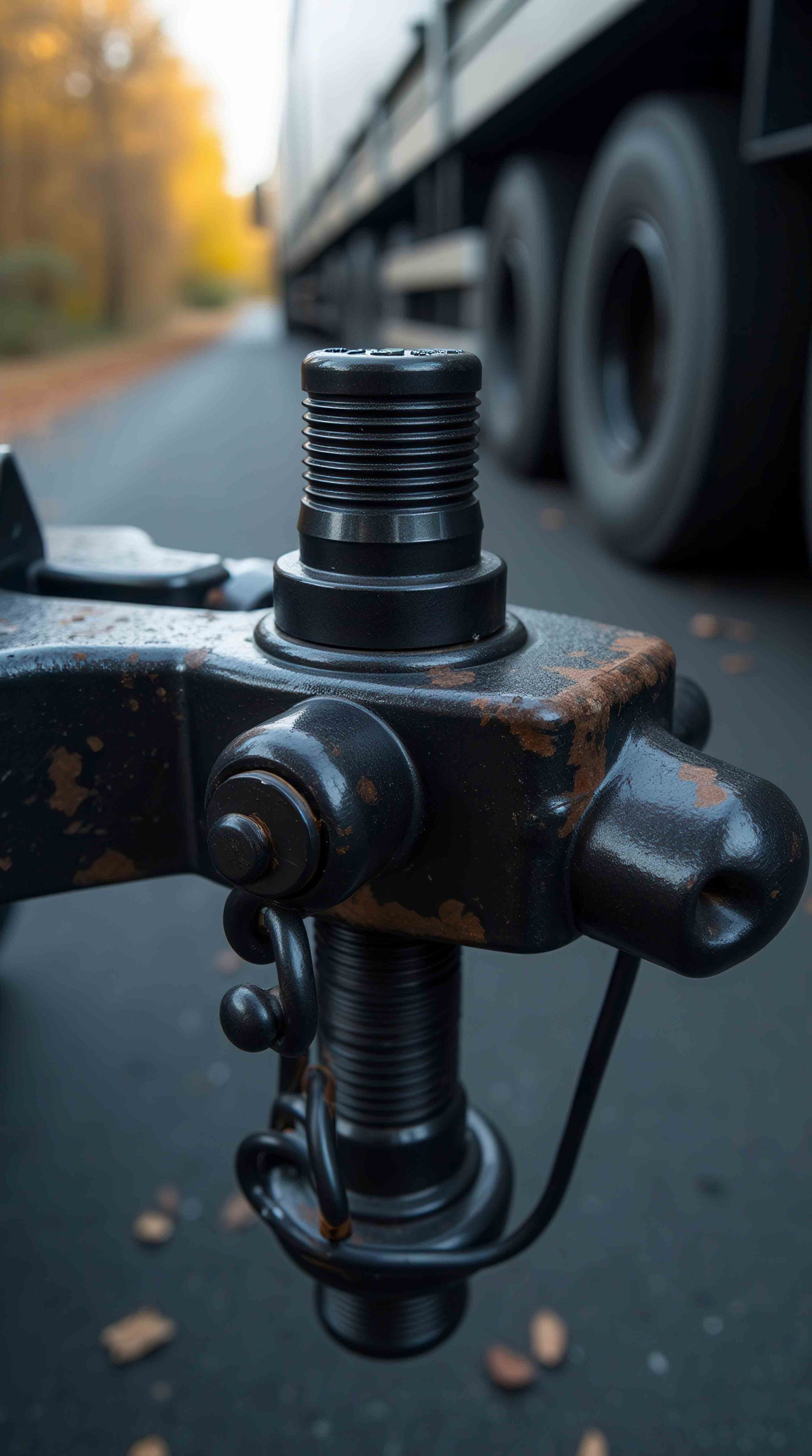 Close-up of a rusty trailer hitch on a road, with a semi-truck in the background.