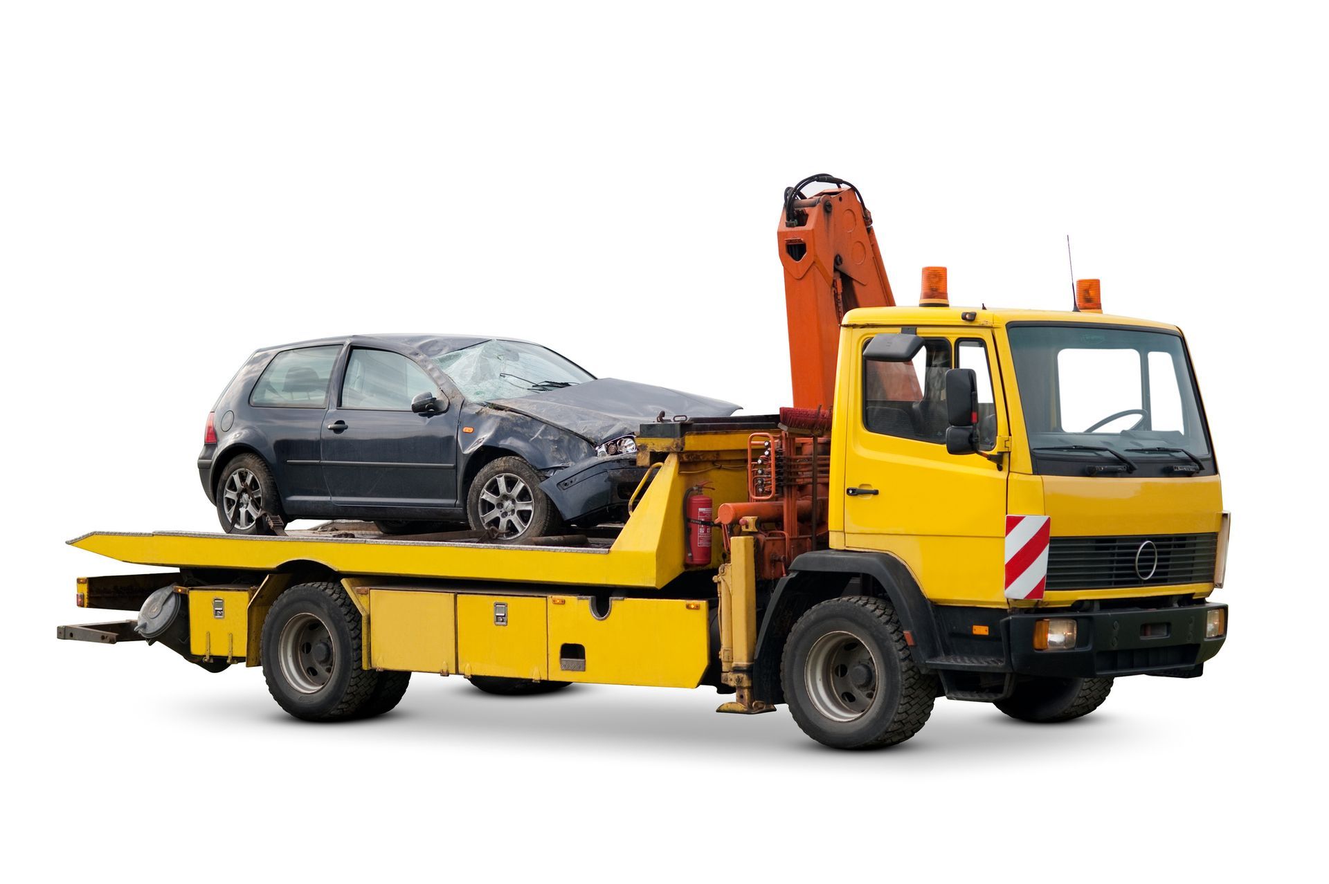 Yellow tow truck carrying a damaged gray car.