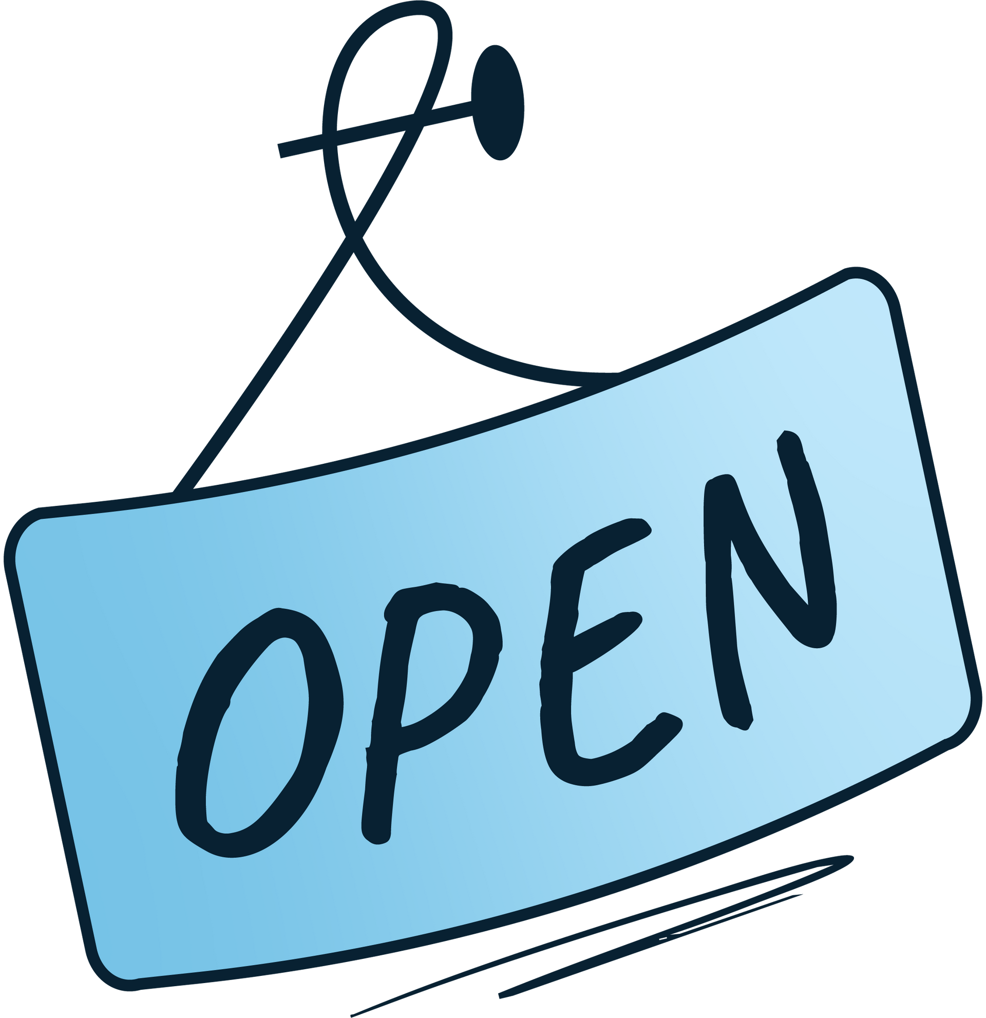 A cartoon illustration of an open sign hanging on a door.