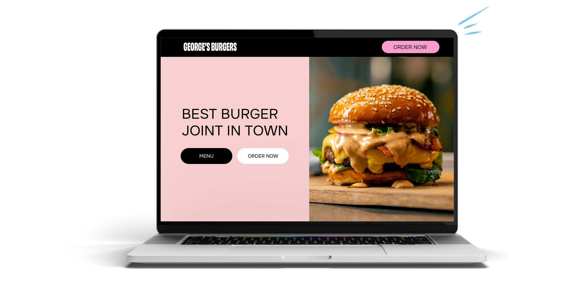 A laptop with a picture of a hamburger on the screen.