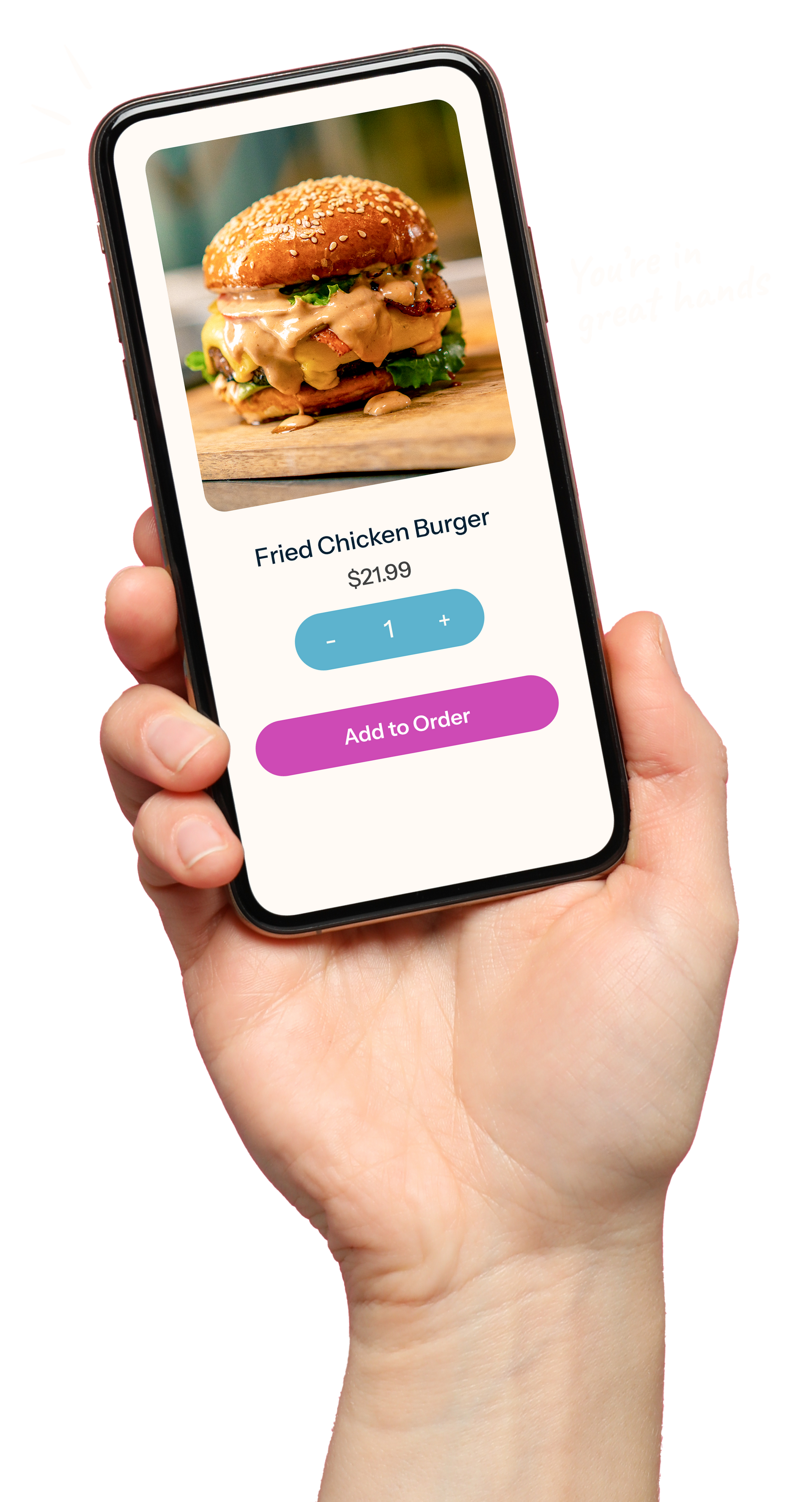Mobile POS system demo on smartphone for Perth businesses using PushPOS, showing fried chicken burger order.