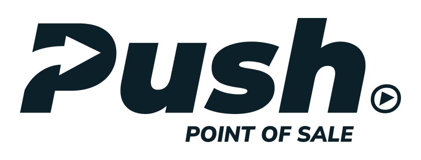 The logo for push point of sale is black and white.