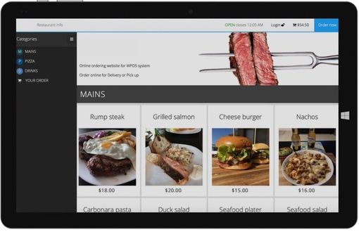 A tablet is open to a menu with a picture of a steak on it